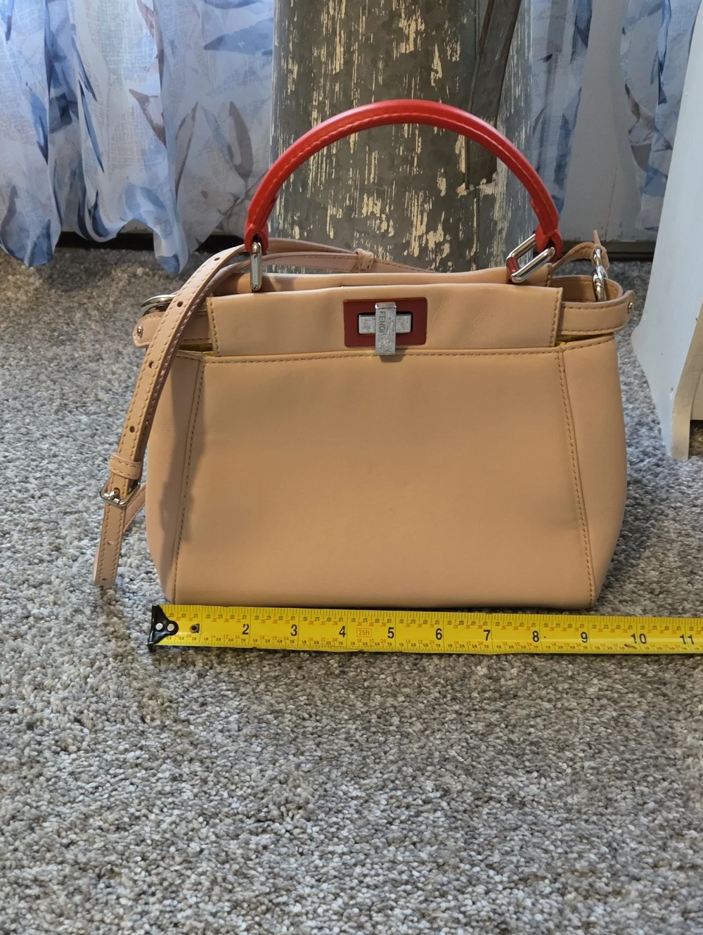 Fendi Peekaboo Cream/blush Leather Satchel with Red Handle and Silver Hardware